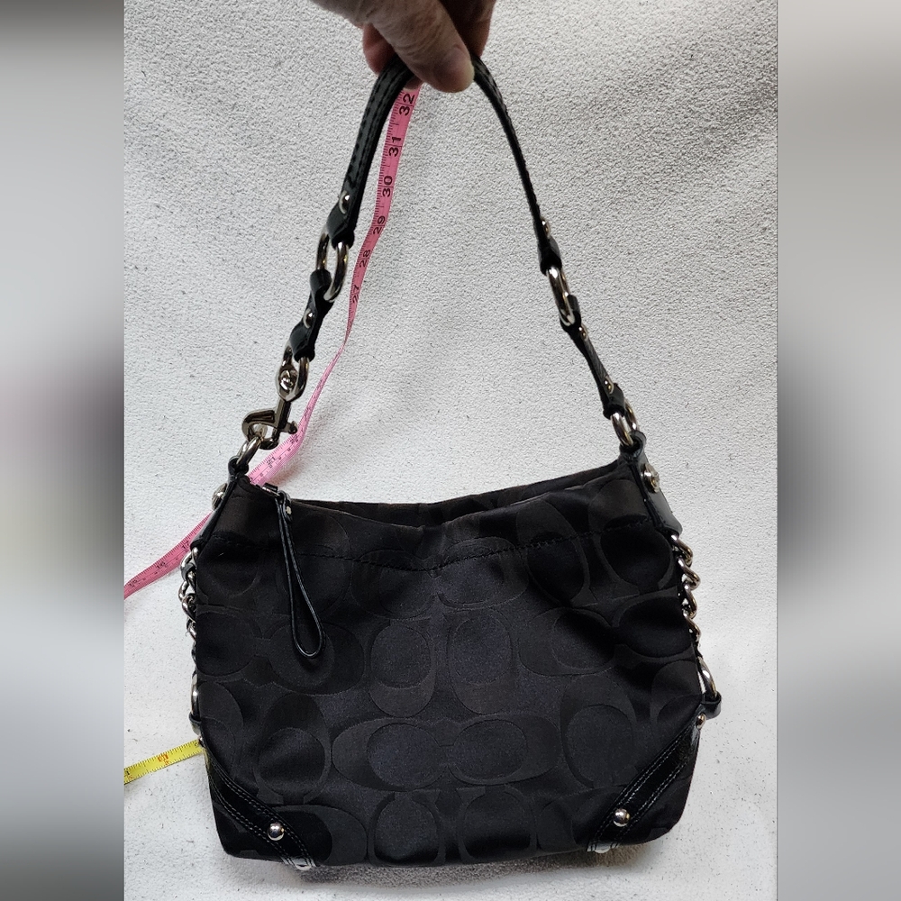 Coach Shoulder Bag Black Signature C's Fabric Leather Trim Silver Hardware